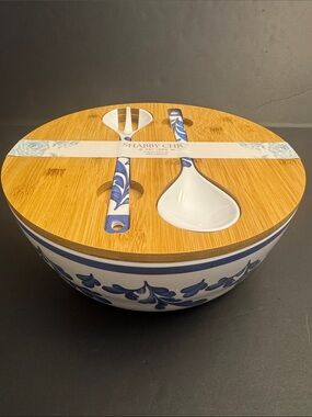 3pc SHABBY CHIC Blue and White Melamine Serving Bowl/Utensils Set with Lid